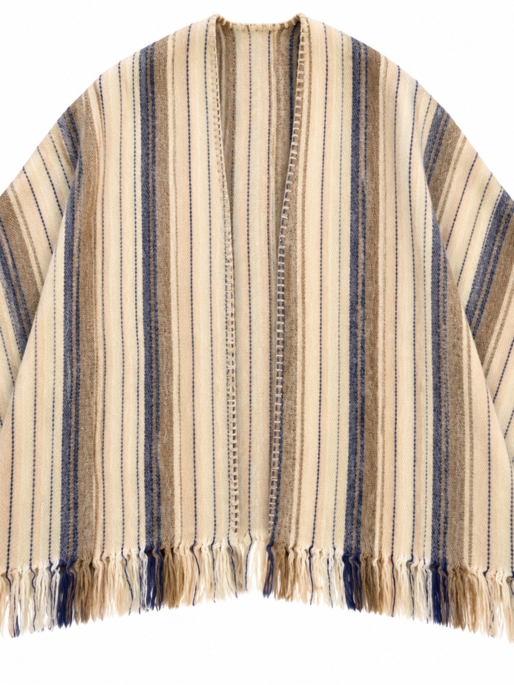 Soft Striped Fringe poncho - Cream and Blue